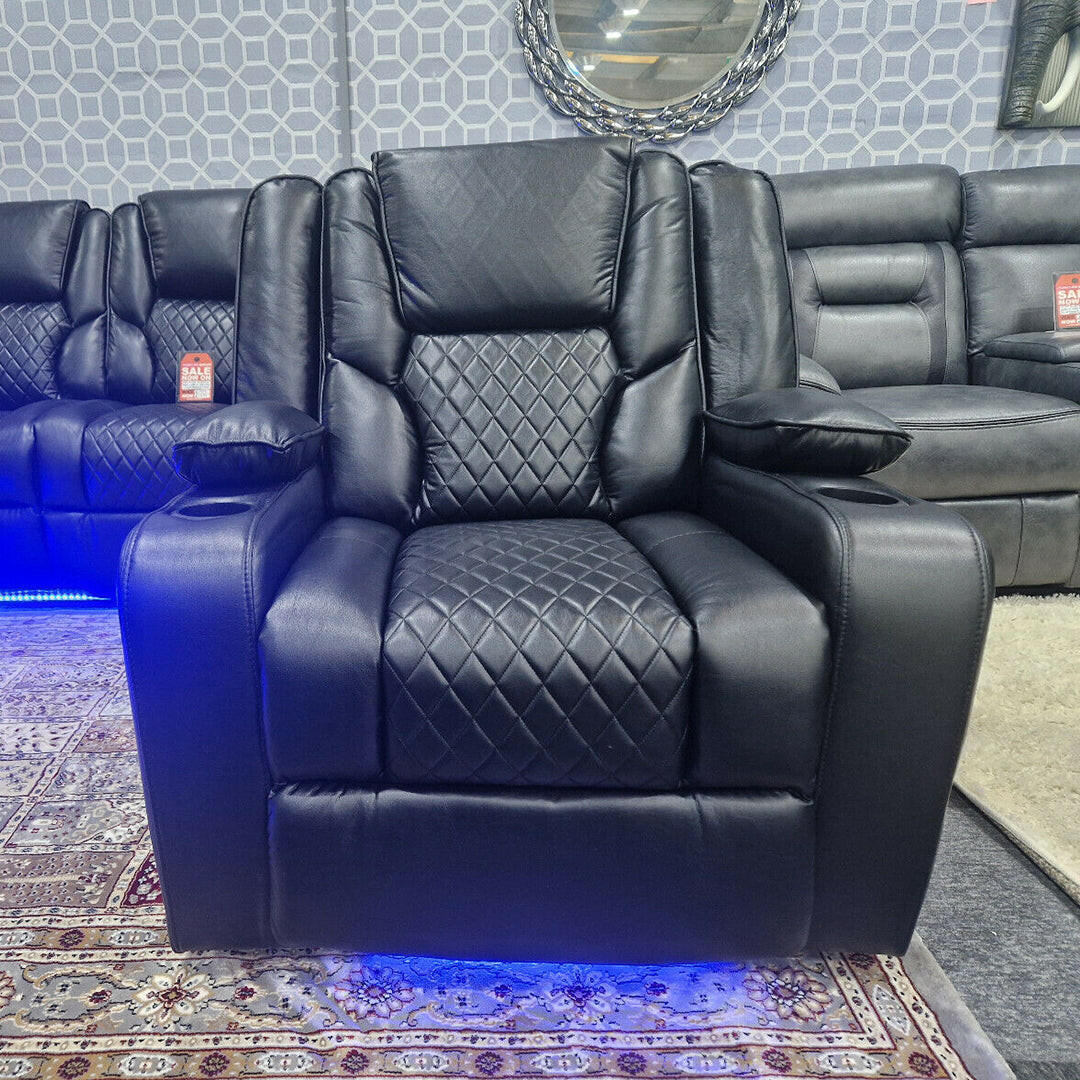 Orlando Electric Recliners 3+2 Seater Leather Sofa (Black, Grey) /LED LIGHTS/WIRELESS CHARGER - Envogue Furniture