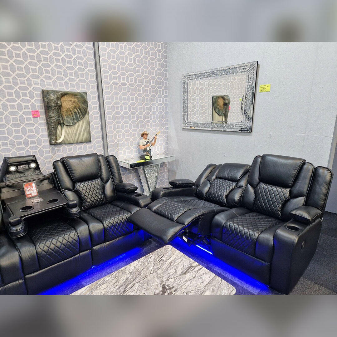 Orlando Electric Recliners 3+2 Seater Leather Sofa (Black, Grey) /LED LIGHTS/WIRELESS CHARGER - Envogue Furniture
