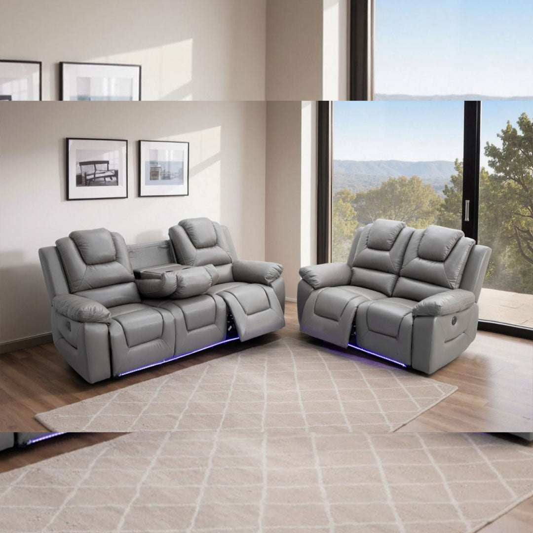 Oxford Leather Electric Recliner Sofa 3+2 Seater with Cup Holders , USB Charging Ports, LED Lights