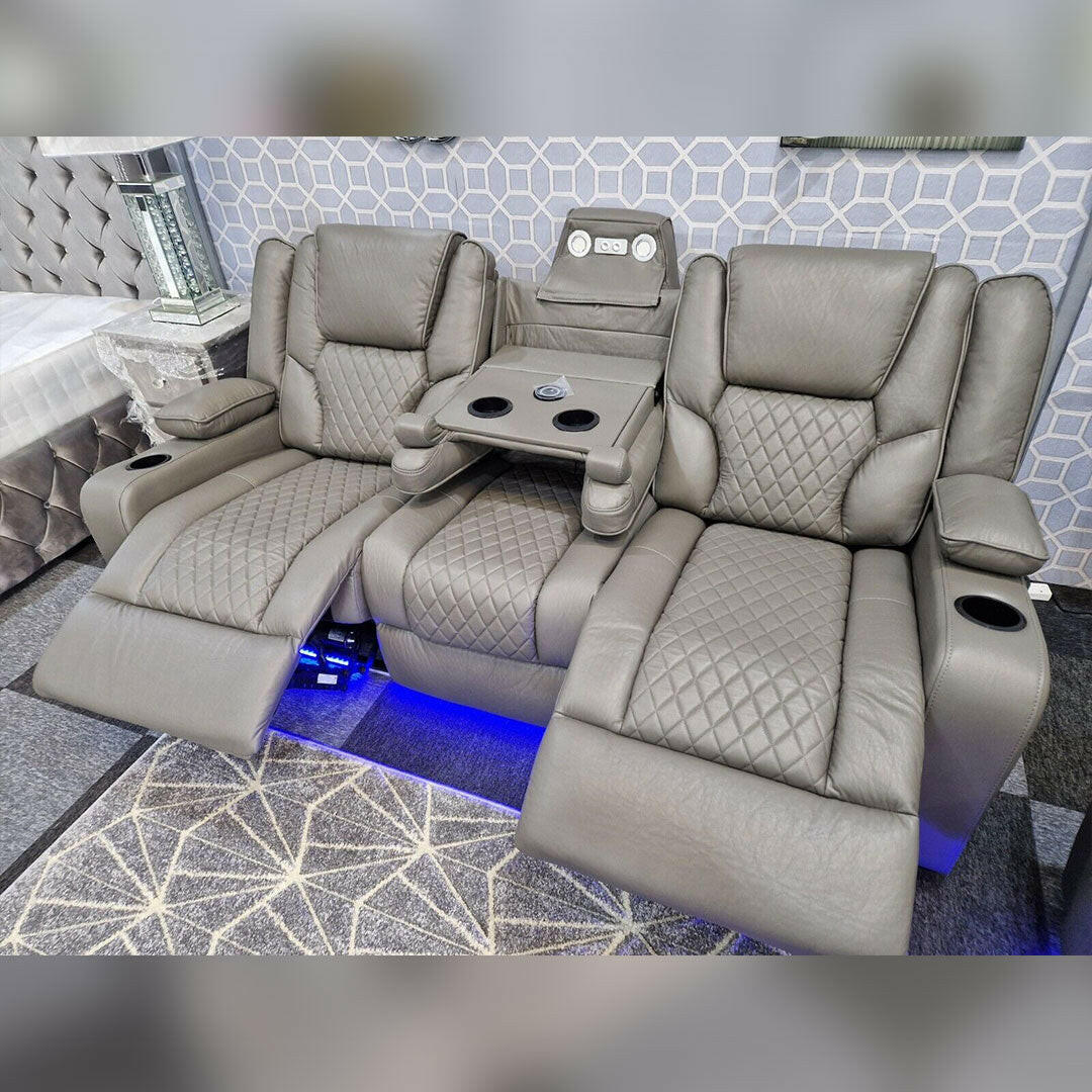 Orlando Electric Recliners 3+2 Seater Leather Sofa (Black, Grey) /LED LIGHTS/WIRELESS CHARGER - Envogue Furniture